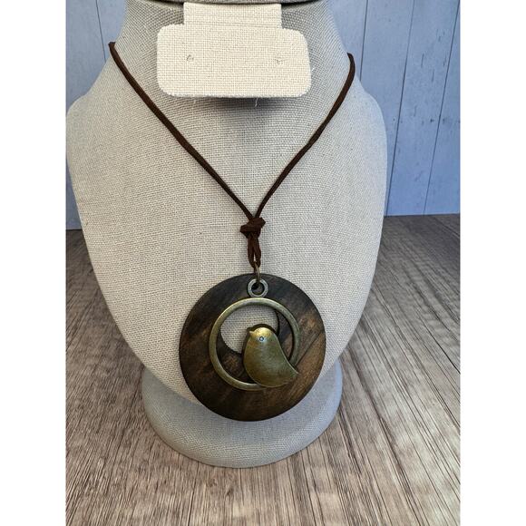 Bird Wood Necklace Brown Antique Gold Necklace Boho Fashion NEW FAST SHIP - Picture 2 of 5